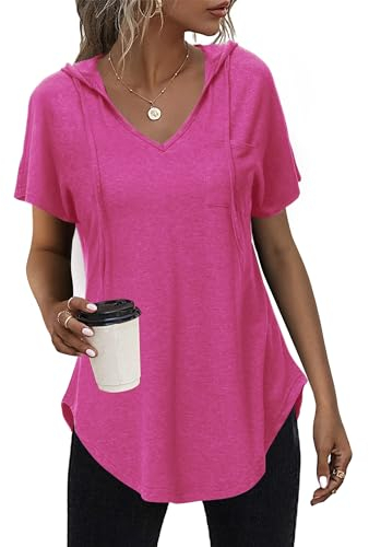 Tanmolo Damen Sommer Hoodie Sweatshirt mit Kapuze Kurzarm T Shirt V Ausschnitt Kapuzenpullover Kordelzug Tops Rosarot, XL