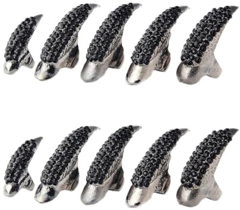 Weddflower Halloween Costume Claws Fake Nails Ring Set Gothic Punk 3 Sizes Crystal Full Finger Rings Paved Paw Bend Fingertip Fingernail Claw Girls Women Men Ring False Easy Long Nails Black 10 PCS