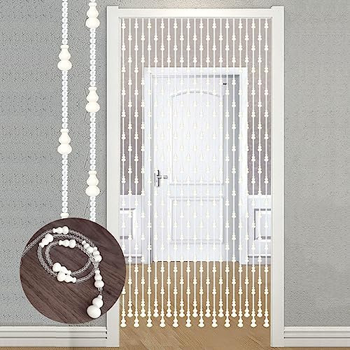 White Wood Beaded Door Curtain,Bead String Curtains Door Fly Screen Curtain,Doorways Window Decorations/Room Divider,Indoor Outdoor Single Door Curtain Beads,Customisable,41strands-135x175cm