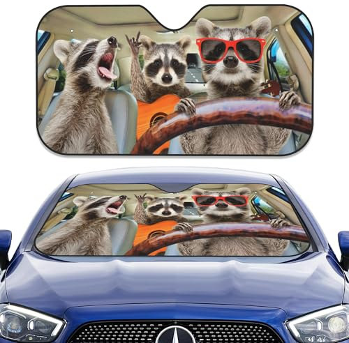 Uiaoiais Parasol para parabrisas de coche, tres divertidos mapaches, animales, parasol para parabrisas delantero, parasol para parabrisas de coche, calor, rayos UV, protector de visera para coche,