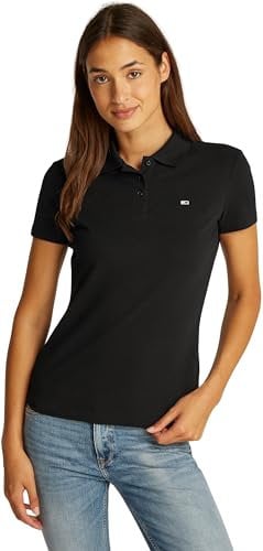 Tommy Jeans Women’s Essential Stretch Slim Fit Short Sleeve Polo Shirt, Black (Black), L