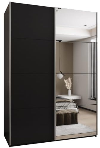 MEBLE KRYSPOL LUX 3 Eleganter 2-türiger Schwebetürenschrank mit Spiegel an der Tür - Leise schließend - HETTICH Topline L System - 245,5x170x64cm - Schwarz, Schwarz, Silber