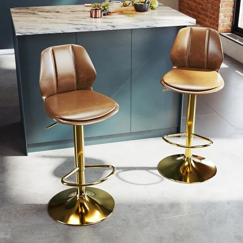 SONNI Barhocker 2er-Set, Barstühle, Höhenverstellbar, 360° Drehstuhl, Küchenstühle mit Rückenlehne und Fußstütze, robuster Metallrahmen, gemütliche PU weiche Sitzfläche, Sitzhöhe 88-108 cm, Gold