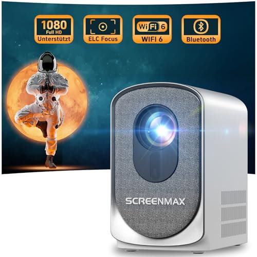 SCREENMAX Beamer, 4K Mini WiFi Bluetooth Outdoor Beamer, 1080P Video Beamer Elektronischer Fokus Trapezkorrektur, 200 Zoll Heimkino Handy Projektor Kompatibel mit iPhone/Android/Laptop/TV Stick, Weiß