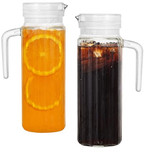 Glass Water Jug for Fridge, LIMILI 2 Pack (1.1 Litre) Water Jugs with Lids with Ribbed Design & Spill-Free Spout, Transparent Pitcher Jug for Hot/Cold Water Ice Tea Coffee Milk & Juice