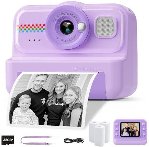 HiMont Camara Fotos Infantil Instantanea, HD/1080P Cámara Instantánea para Niños con Tarjeta de 32G y Papel de Impresión, Camara Fotos Infantil Divertidos Regalos de Juguete para Niños de 3 a 12 Años