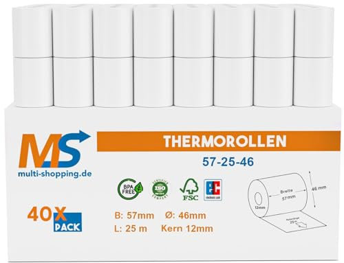 Kassenrollen/Thermorollen/Bonrollen 57mm x 25m x 12mm mit Lastschrifttext Bpa frei für alle gängigen Thermo Kassen-Bondrucker B: 57mm x L: 25m Ø45mm (40)