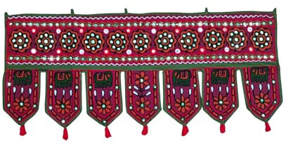 Original Kikan Handgefertigter Wandteppich aus Baumwolle, Motiv: Elefant, ethnischer Aufsatz, Toran, indischer Fenstervolant (94 x 35,6 cm) (Maroon)