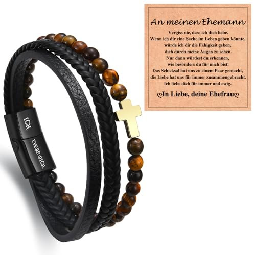 WOVEE Lederarmband für Ehemann von Ehefrau Kreuz Edelstahl Armband Natursteinen Tigerauge Magnetverschluss mit Ich Liebe Dich Gravur Weihnachten Schmuck