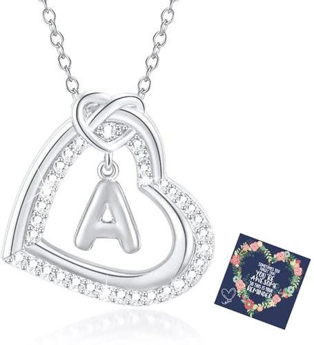 Esmoly Kette Damen Silber Necklace Women Zirkonia Herz Anhänger Kette mit Buchstaben A-Z Halskette Damen mit Kasten Geschenke für Frauen Freundin 17.2+2 Inches (Silber A)