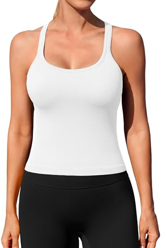 ATTRACO Womens Workout Vest with Built in Bra Gym Racerback Tanks Running Yoga Tank Top Sports Sleeveless Shirts White M