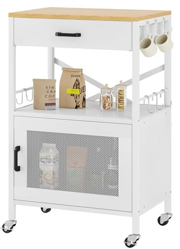 Homeiju Kitchen Island Cart, Kitchen Storage Cart with Drawer, Microwaves Stand, Rolling Kitchen Cabinet Cart with Hooks for Kitchen, Dining Room (White) (White)