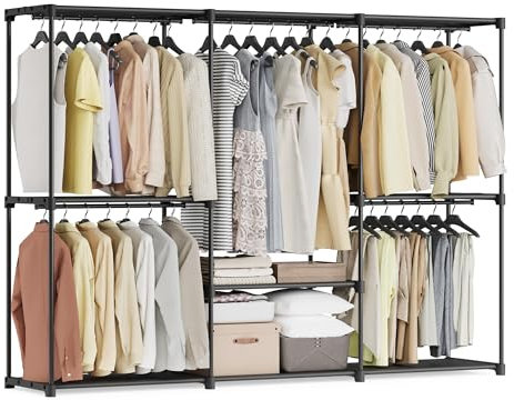 SONGMICS Armoire de Rangement, Penderie Pliable, Dressing, Armoire Métallique, avec 5 Barres de Suspension, Porte-vêtements, pour Vestiaire, Chambre, 205 x 43 x 166 cm, Noir d’Encre RYG035B01