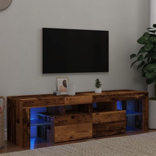 Rantry Meuble TV avec LED en bois antique, 140 x 36,5 x 40 cm, multicouche, meuble TV meuble bas pour TV pour table de salon industriel, support TV salon