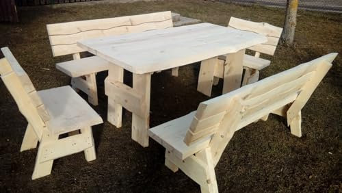 Generisch Rustikale Garten-Essgruppe, 140 cm Tisch, 2 Bänke, 2 Stühle, Massivholz, Naturfarben