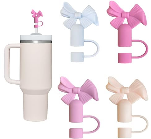 Bow Straw Covers 4 Pcs, Stanley Straw Cover Toppers Reusable 10mm Cute Bow Cup Accessories | Dust-Proof Tips Lids | Silicone Cover Cap Stanley Cup Accessories for 40/30 Oz Tumbler Accessories