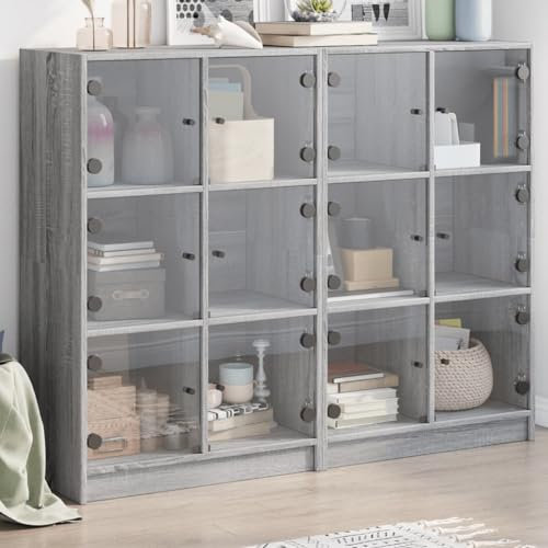 UTSRABFA Bücherregal mit Türen Grau Sonoma 136x37x109 cm Holzwerkstoff Sideboard Schmal Küchenschrank Apothekerschrank Küche Sideboard Küche für Speisesaal Korridor Wohnstube Büro