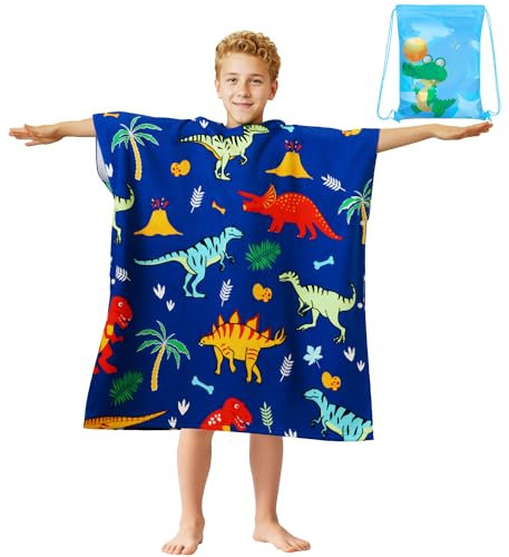 FILOWA Badeponcho Kinder Mikrofaser Badetuch mit Kapuze Strand Badehandtuch Groß Handtuch Poncho Blau Dinosaurier Strandtuch 75 * 180cm Schwimmbad Saugfähig Handtücher für 6-15 Jahre Jungen Mädchen