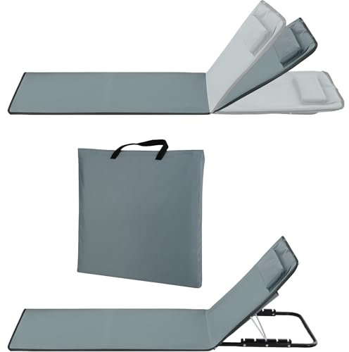 Stagecaptain Strandmatte faltbar mit Rückenlehne - Beachmatte mit Kopfkissen, gepolstert - Strandliege leicht in 6 Stufen verstellbar - Tragbar mit Griff, für Camping, Pool, Garten - Sonnenliege grau