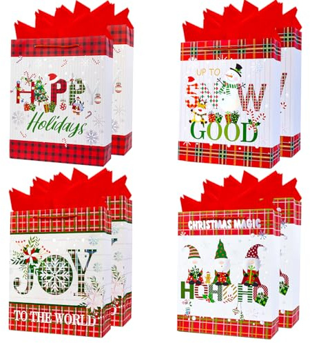 Weihnachtspapier-Geschenktüten, große Geschenktüten mit Griff und Seidenpapier zum Verpacken von Weihnachtsgeschenken (weiß), 8 Stück