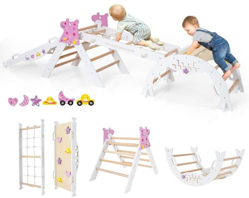 COSTWAY Klettergerüst Indoor 4er Set, Einhorn Kletterdreieck klappbar | Inkl. doppelseitige Rampe, Baustein Set & 2 Autos, Kletterbogen, Kletternetz, Sprossendreieck Holz für Kinder ab 1 Jahr