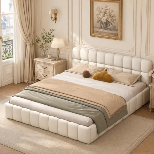 OLIVIBED Polsterbett 160x200 cm, Elegantes Doppelbett mit Rückenlehne & gepolstertem Rand, Jugendbett mit Lattenrost, Bettgestell für Erwachsene und Jugendliche, Leinen, ohne Matratze, Beige