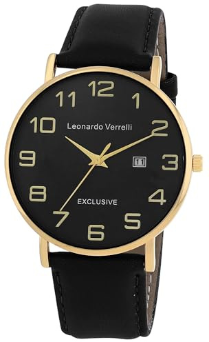 LEONARDO VERRELLI Herren Armbanduhr aus Kunstleder in Schwarz, in Einer Länge von 24 cm, Klassisches Design für jeden Mann