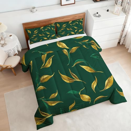 Blätter Bettdecke 135x200 4 Jahreszeiten, Gold Grün Bettdecke Ohne Bezug Warm Steppdecke Ganzjahresdecke Mit Kissenbezug, Schlafzimmer Deko Blätter (KL1294)