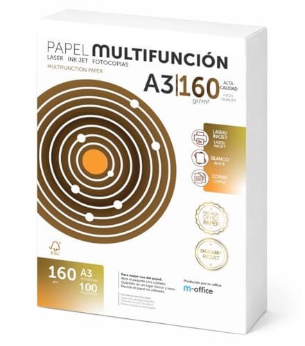 A3 Papier 160g 100 Blatt, Multifunktionspapier für Laser- und Tintenstrahldrucker, Kopierer, für Büro- und Schulbedarf, m-office Paket (100 Blatt 160g)