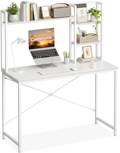 Coleshome Kleiner Schreibtisch mit Display Regal, 100×40 cm, Weiß | Computertisch mit Stauraum, Platzsparend, einfache Montage, Bürotisch für kleine Räume, Schminktisch oder Gamingtisch nutzbar
