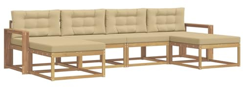 vidaXL Outdoor-Sofagarnitur mit Kissen 6 pcs Weiß und Beige, Moderne Akazien-Gartenmöbel, wetterfester Sofa-Set, stylische Sitzgelegenheit für Terrasse und Pool
