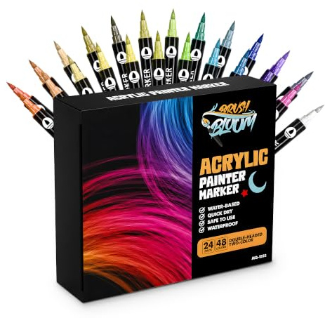 Brush & Bloom Acrylic Paint Pens, 24 Dual-Tip Brush Pens, 48 Colours, Water-Based Paint Markers for Rock Painting, Wood, Glass, Canvas & Crafts