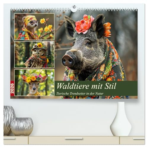 Waldtiere mit Stil. Tierische Trendsetter in der Natur (hochwertiger Premium Wandkalender 2026 DIN A2 quer), Kunstdruck in Hochglanz: Tiere des Waldes auf modischer Mission (CALVENDO Tiere)