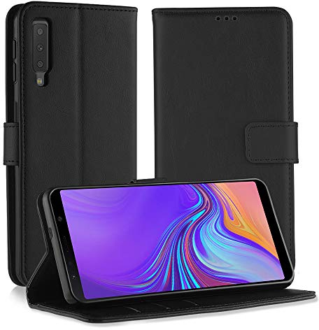 Simpeak Coque Compatible pour Samsung Galaxy A7 2018, Housse en Cuir Premium Flip Case Etui Coque Compatible pour Samsung A7 2018 - Noir