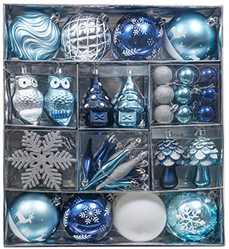 Valery Madelyn Shatterpro - Palline di Natale per decorazioni per albero, 80 ct, con scritta Winter Wishes, colore: argento e bluShatterpro di ornamenti assortiti per albero di Natale, confezione