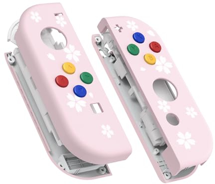 eXtremeRate Cover Custodia Tasti per Nintendo Switch/OLED Joycon Controller,Scocca Pulsanti Case Kit DIY Ricambio per Nintendo Switch/OLED Joystick,Senza Joycon-Rosa&Petali Bianchi