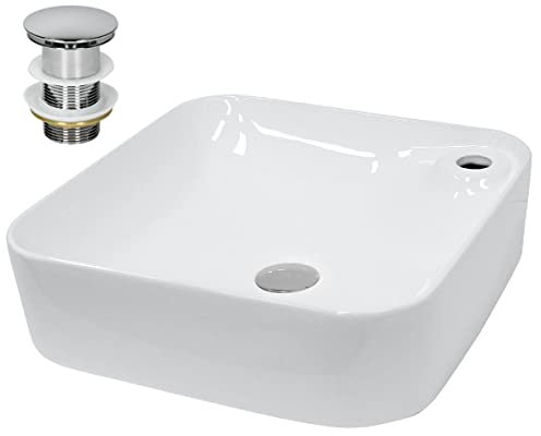 ECD Germany Lavabo sobre Encimera - 435 x 435 x 125 mm - Cerámica - Diseño Cuadrado - Lavadero Blanco Brillante - Lavamanos Sobremesa Sanitario Baño o Aseo - Moderno y Elegante - con Válvula Desagüe