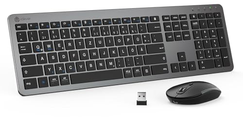 iClever Set tastiera senza fili, tastiera wireless ricaricabile con mouse, tastiera ultra sottile silenziosa per PC/laptop, layout QWERTZ, grigio