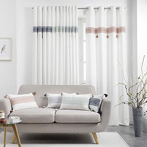 Douceur d'Intérieur, Rideau à Oeillets (140 x 240 cm) Amaya Rose, Coton Uni Finition Top Brodé avec Pompons
