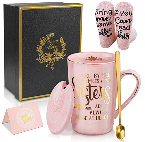 Sisters Gifts from Sister Happy Birthday Present Coffee Mugs Espresso Cup - 14oz Personalised Best Sister Gold Print Ceramic Mug Tea Cup for Her Women, with Funny Socks Spoon Greeting Card, Gift Box