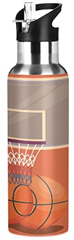 Vnurnrn Dessin Animé De Sport De Basket-Ball Bouteille d'eau Isotherme avec Paille en Acier Inoxydable Gourde 600ML, Sans Bpa Gourdes Eau pour Enfant Sport Randonnée École Bureau