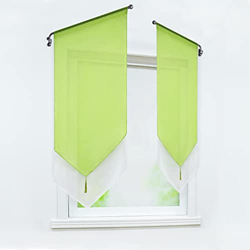 Joyswahl 1 Pièce Rideau Brise Bise Passe Tringle sans Percage avec Frange à Pompon Transparent Tamisant Lumière Elegant Rideaux de Cuisine Vert LxH 40x90cm