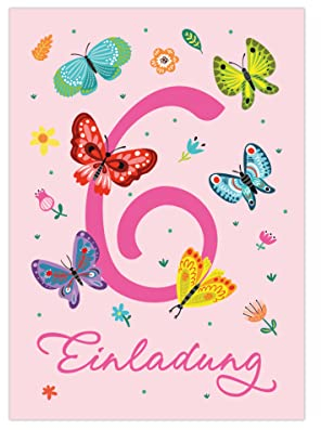 Junapack 12 Einladungskarten zum 6. Kindergeburtstag sechste Geburtstag Mädchen Schmetterlinge