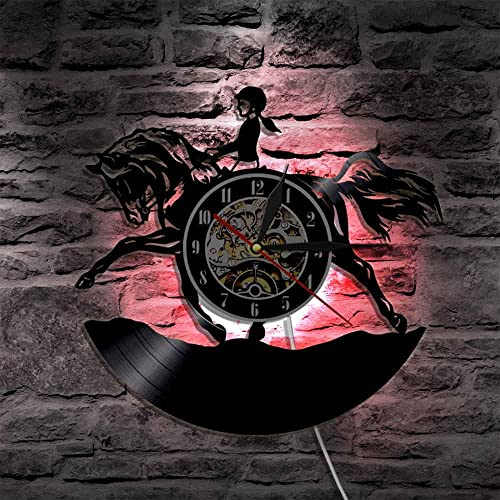 Smotly Vinyl-Wanduhr，aristokratisches Ritter-Design, Moderne Wanduhr mit 7 Farben, LED-Nachtlichtfunktion, leise Wanduhr, Geschenke für liebevolle Reiter. (mit Licht)