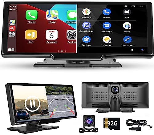Hodozzy 9,3 Pulgadas Radio Coche Pantalla con Inalámbrico CarPlay y Android Auto, 2.5K Pantalla Tactil Monitor Dash CAM Radio Portátil Reproductor, Bluetooth/FM/AUX/SD/Grabación Video/Cámara Trasera