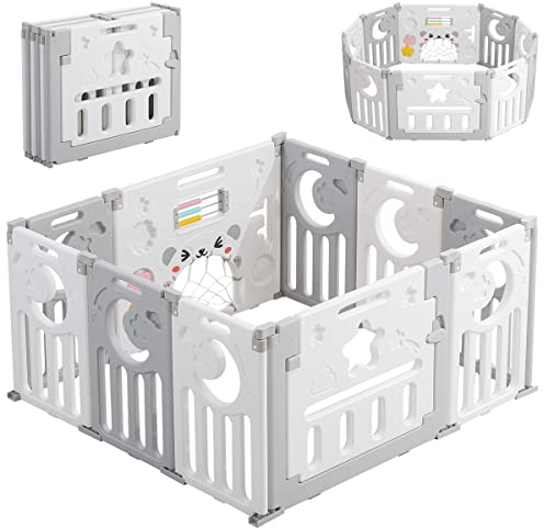 Dripex Laufstall Baby faltbar 113x113x62cm (10 Paneele) mit Spielboard, Laufgitter Baby, Kinderlaufstall & Babyzaun aus strapazierfähigem Plastik, Playpen für Innen & Außen, Grau