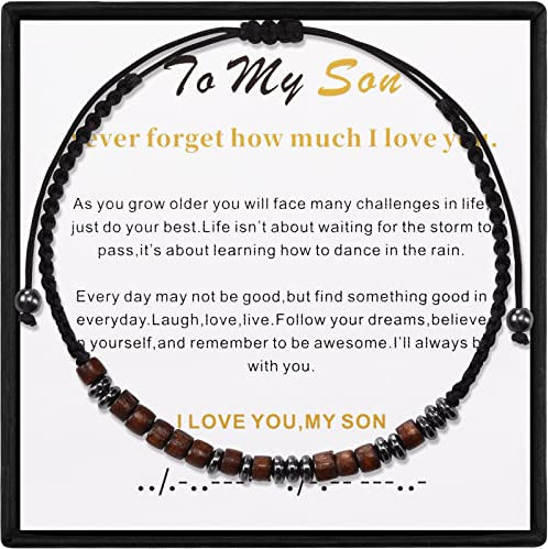 SUNSH Morse Code Armband Ich liebe dich für meinen Sohn Verstellbares Armband Ich liebe dich Holzperlen Edelstahl Mode Inspirierendes Schmuckgeschenk