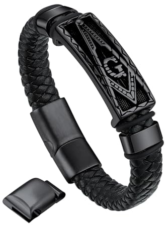 Bandmax Schwarzes Freimaurer Männerarmband Länge 23 CM Freimaurer Geflochtenes Armband mit Magnetverschluss Brüderschaft Lederarmband Klassisches Schmuckstück