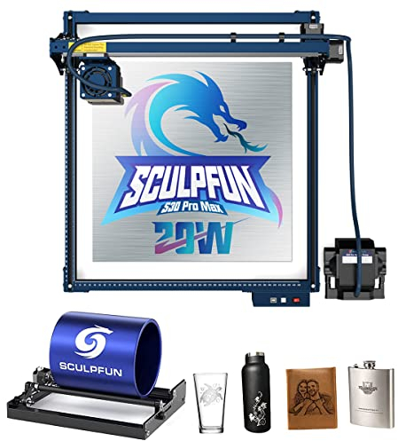 SCULPFUN S30 Pro Max Laser Graviermaschine with Laser-Rotationswalze, 20W Lasermodul Ausgangsleistung Laser Cutter, Automatisch Gesteuertes Air-Assist-Kit