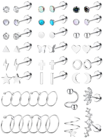 Diamday 52 Paar 20G Chirurgenstah Knorpel Ohrringe Ohrstecker Hoops Ohrringe mit Flachem Rücken für Frauen Männer Herz Schmetterling Stern Multipack Tragus Helix Piercing Schmuck Silber